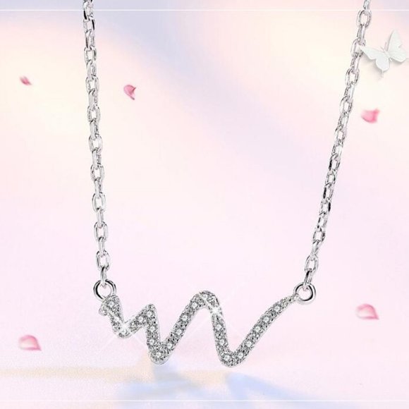 NEW 925 Sterling Silver Diamond Heartbeat Necklace - Picture 2 of 7